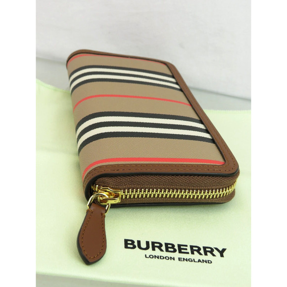 BURBERRY ELLERBY TAN LEATHER ICON STRIPE CANVAS ZIP AROUND CONTINENTAL WALLET - Picture 9 of 13